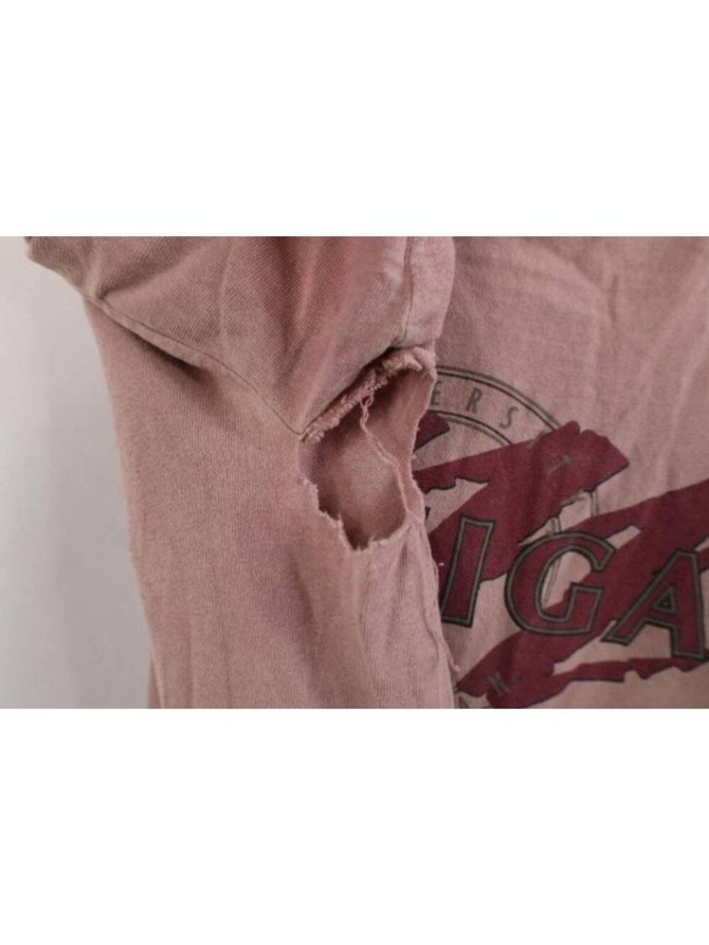 Vtg 90s Mens Medium Thrashed Spell Out University of Michigan T-Shirt Pink USA - Picture 10 of 16